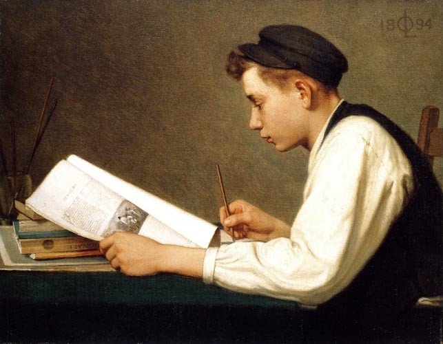 A painting of a boy in a cap reading a large illustrated book at a table, pencil in hand.