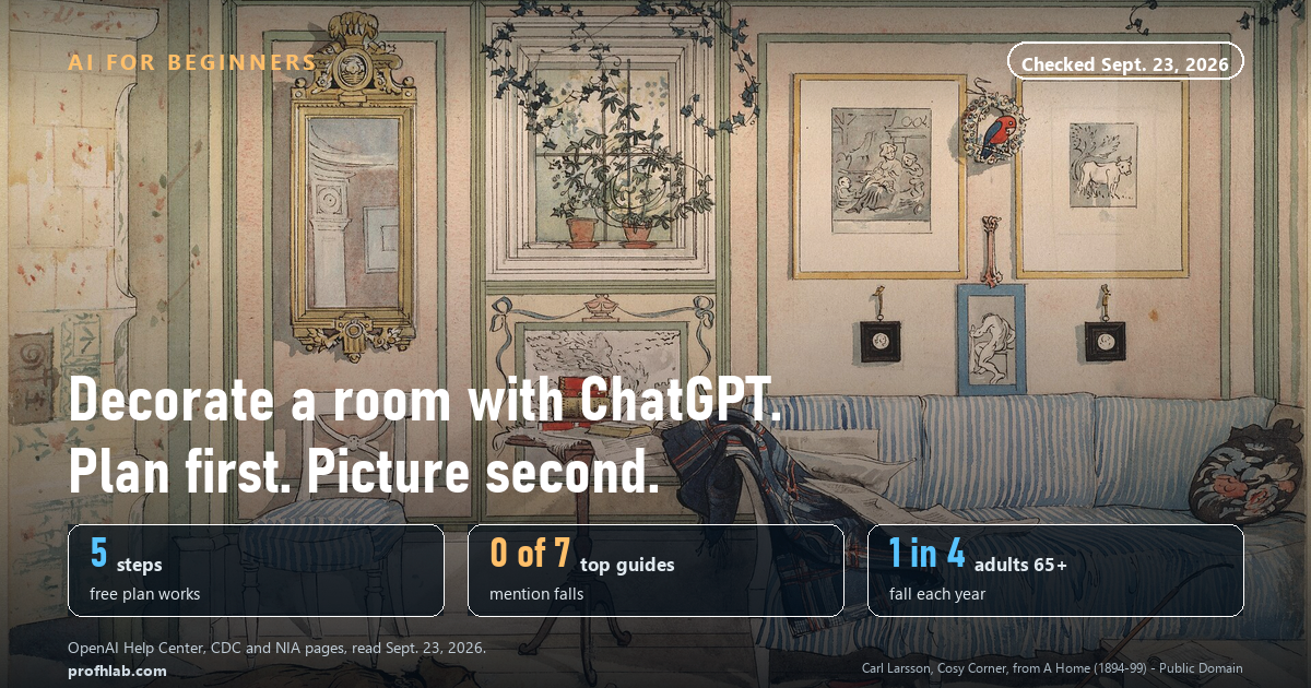Carl Larsson watercolor of a cozy sitting room under the headline: Decorate a room with ChatGPT. Plan first. Picture second.