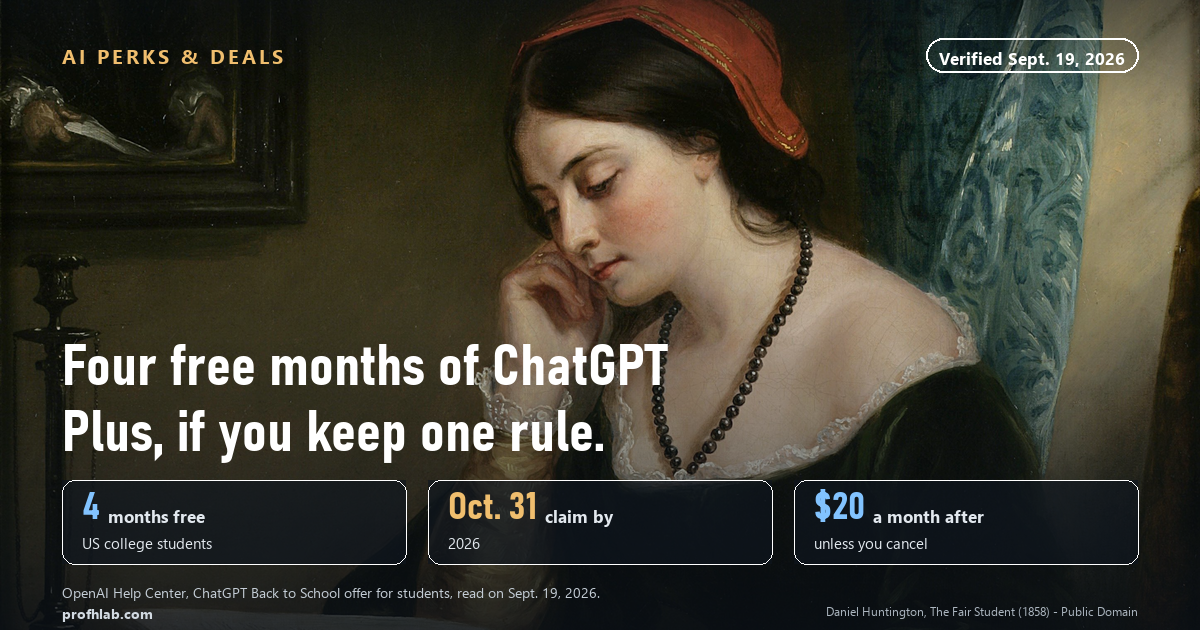 A nineteenth-century painting of a young woman reading at a desk, with the headline: four free months of ChatGPT Plus, if you keep one rule.