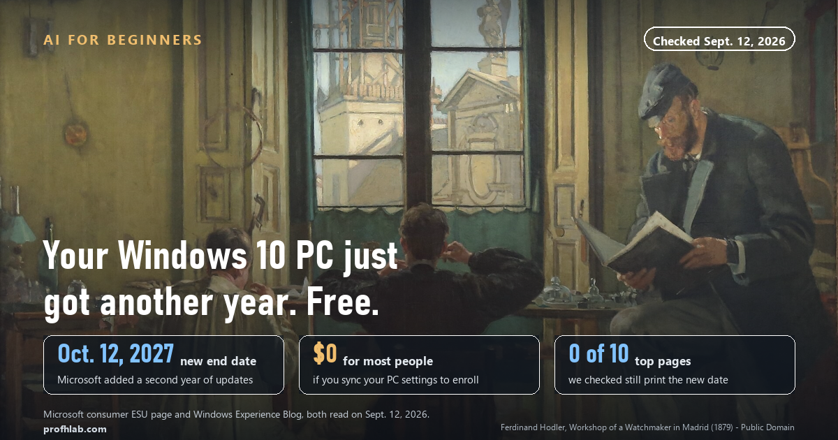 A 19th-century watchmaker's workshop, with the headline: your Windows 10 PC just got another year, free.