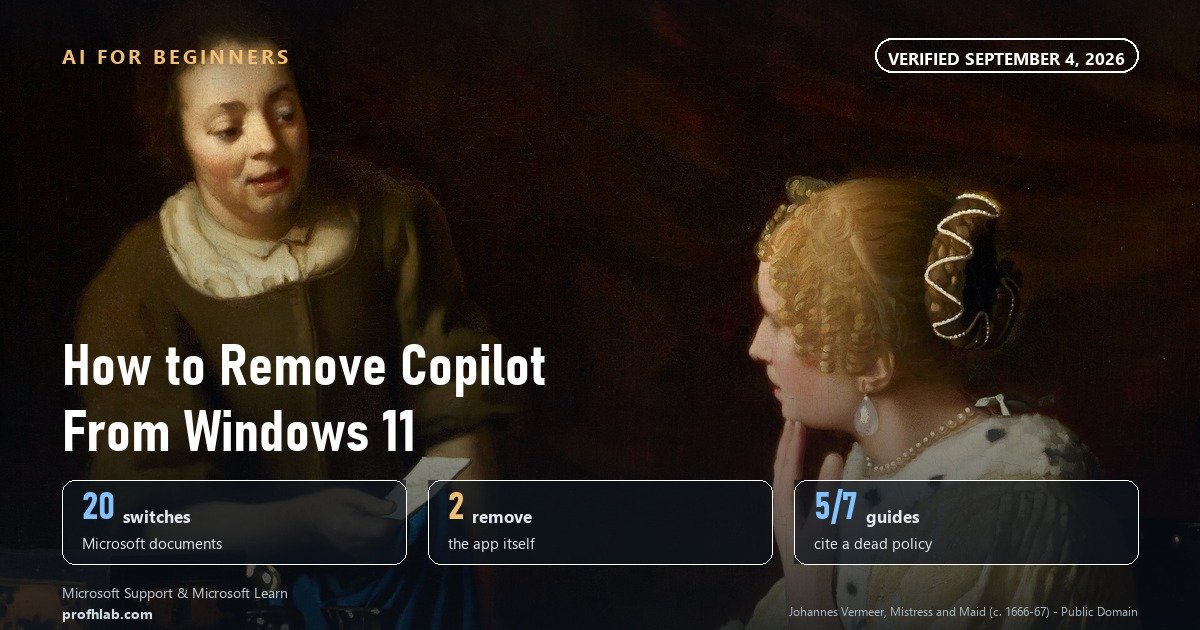How to remove Copilot from Windows 11: a maid leans in with a letter while her mistress, interrupted at her writing desk, looks up, in Vermeer's Mistress and Maid
