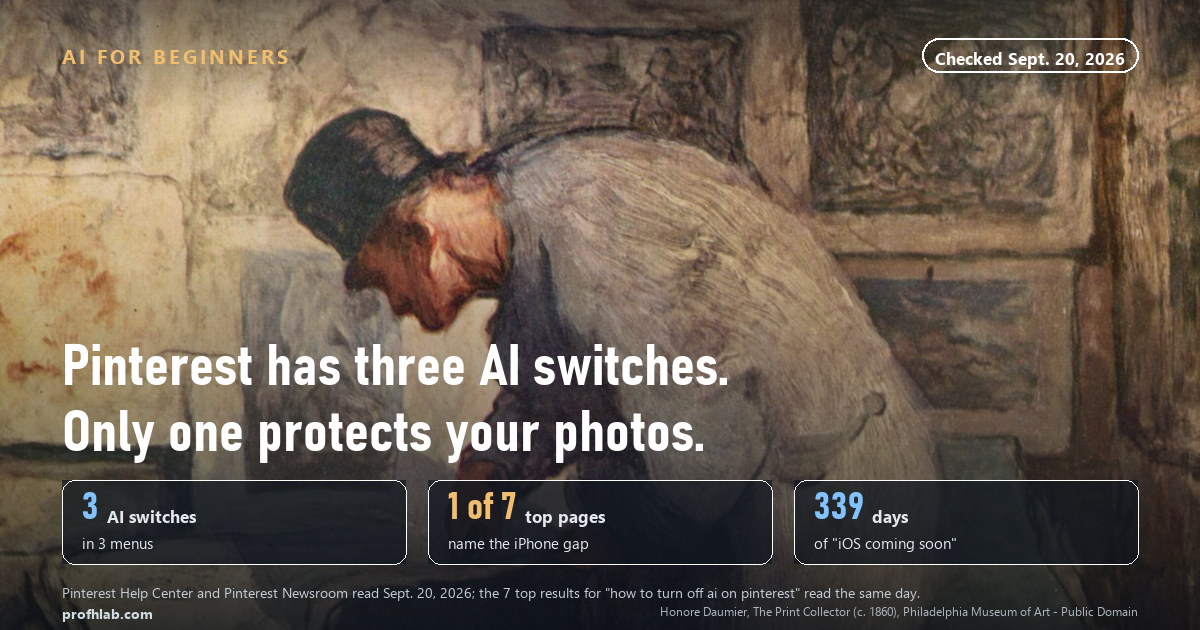 Daumier's painting of a man bent over a bin of prints, under the headline: Pinterest has three AI switches, only one protects your photos.