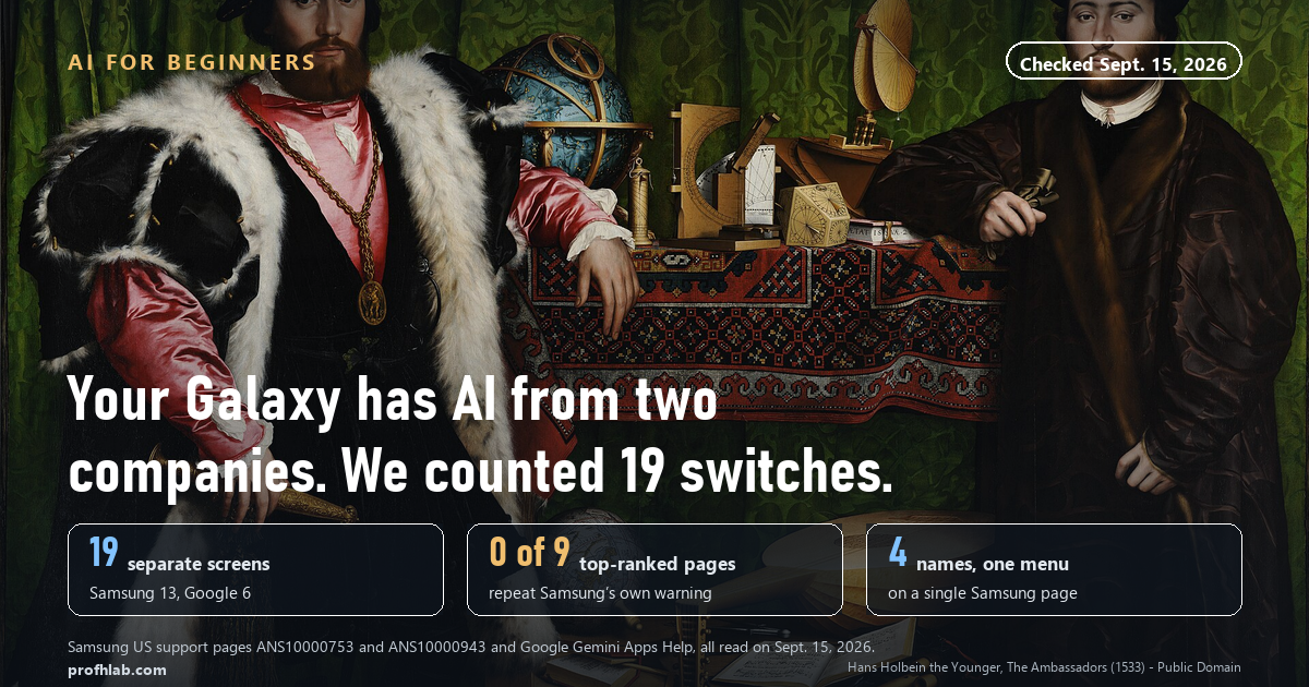 Holbein's painting The Ambassadors behind the headline: your Galaxy has AI from two companies, we counted 19 switches.