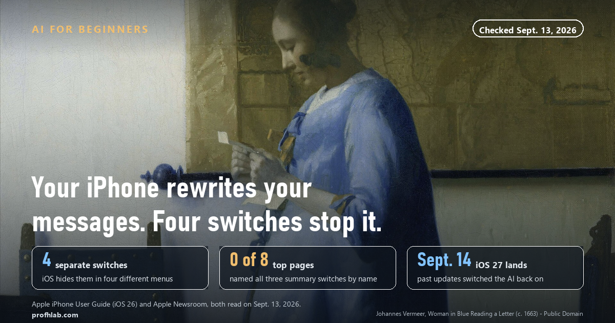 A Vermeer painting of a woman reading a letter, with the headline: your iPhone rewrites your messages, four switches stop it.
