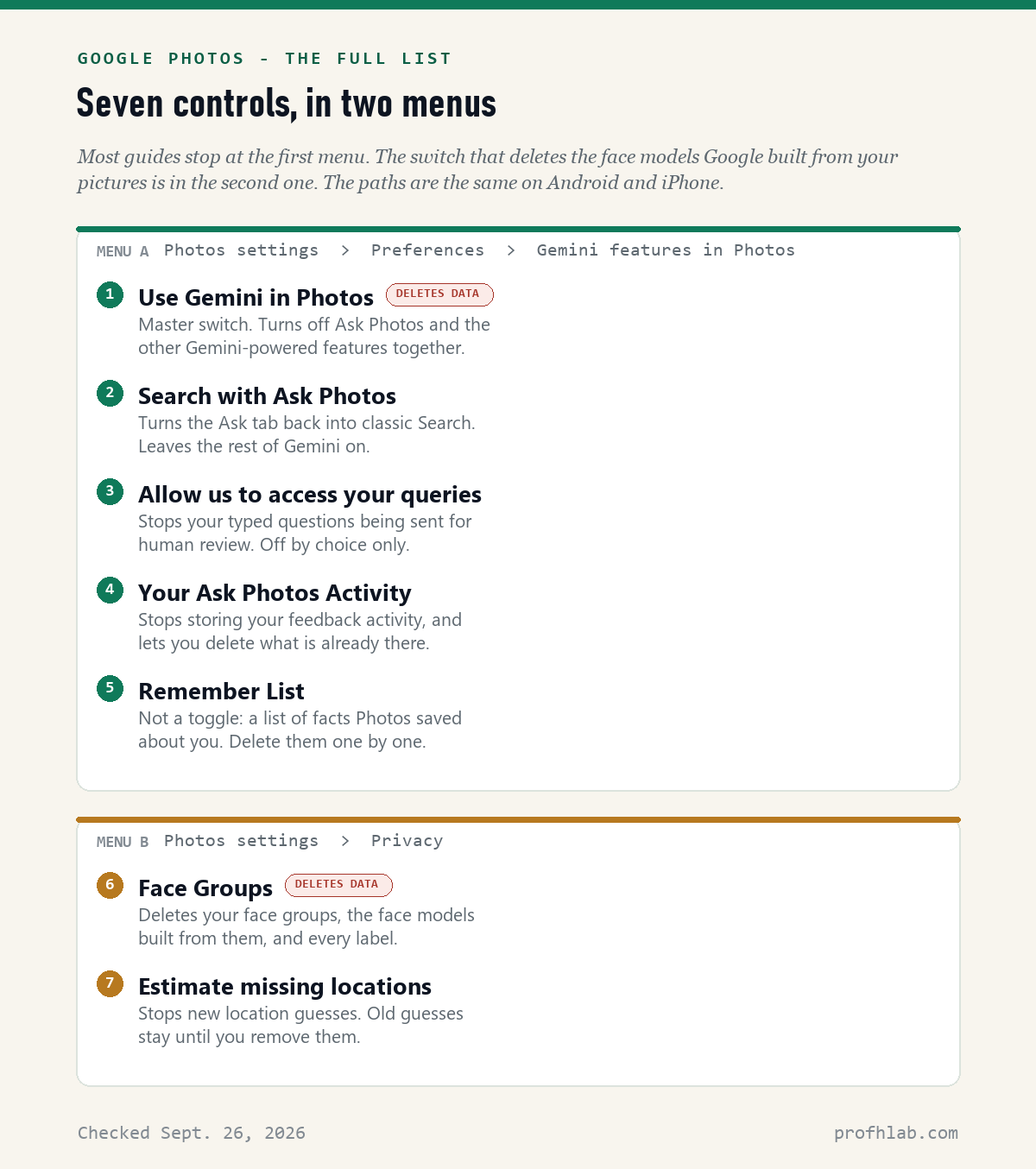 Diagram of seven Google Photos controls in two menus: five under Gemini features in Photos, two under Privacy.