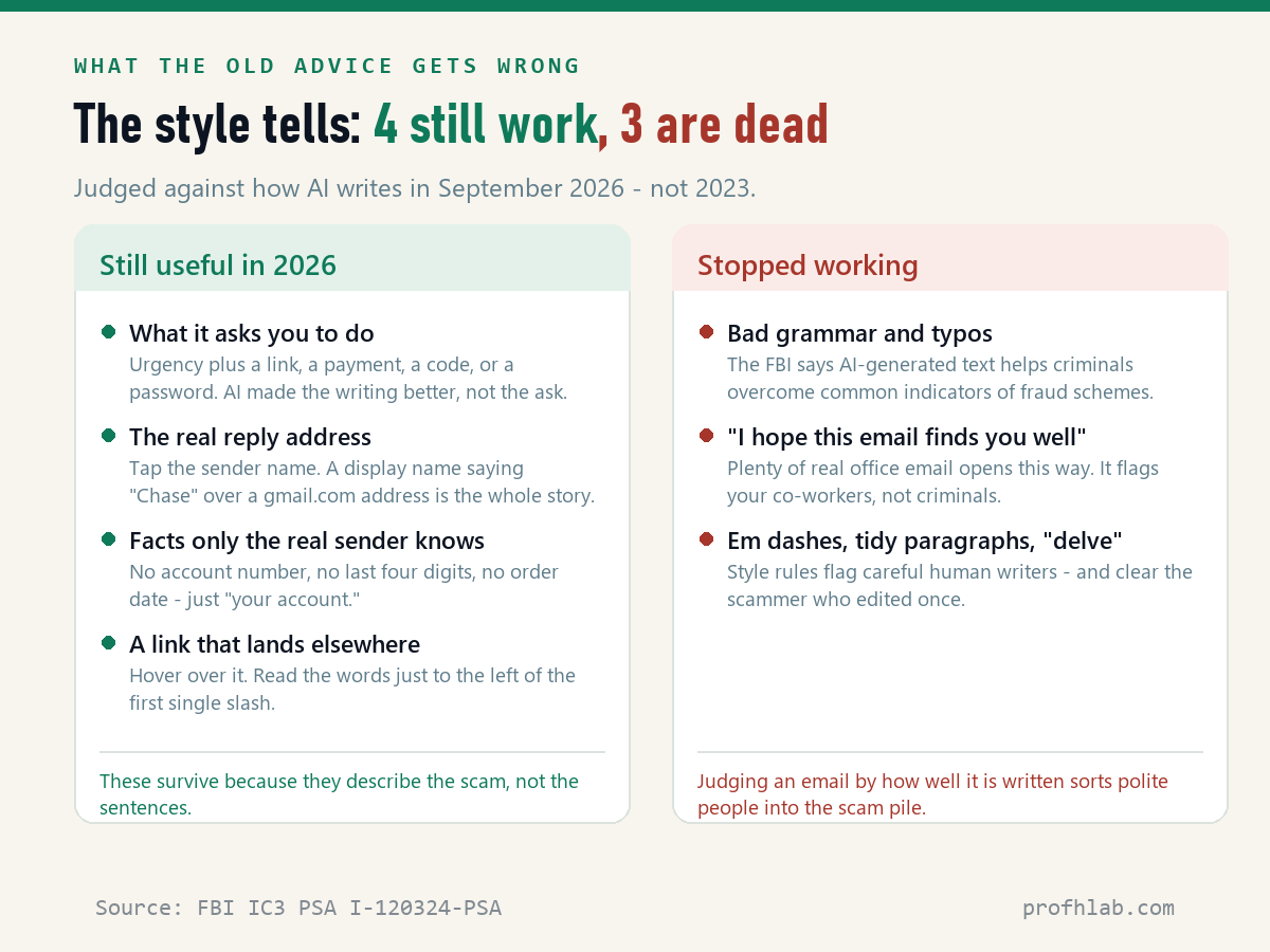 Two-column chart comparing four email tells that still work in 2026 against three that no longer work