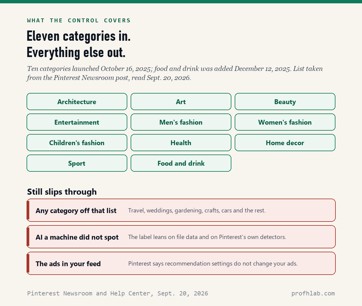 The eleven Pinterest categories covered by the AI control, and three things it does not cover.