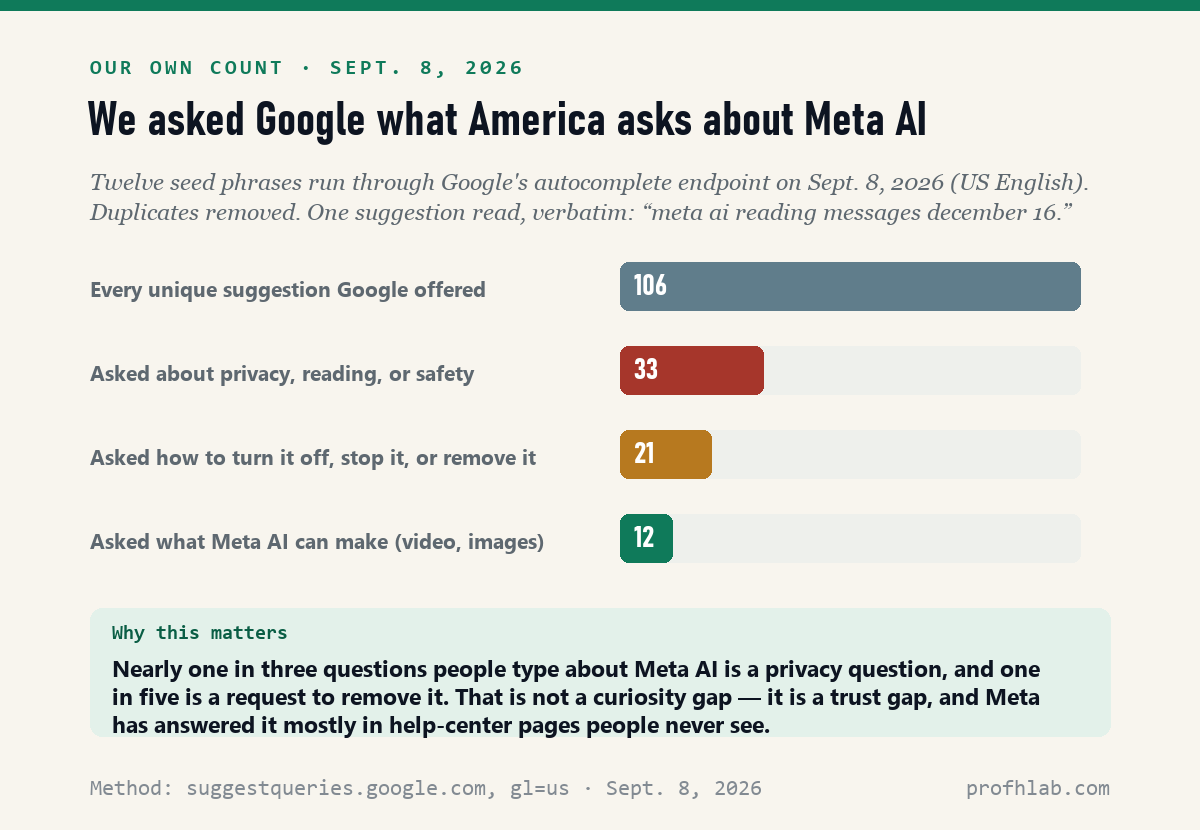 Of 106 Google autocomplete suggestions about Meta AI, 33 were privacy questions and 21 asked how to remove it