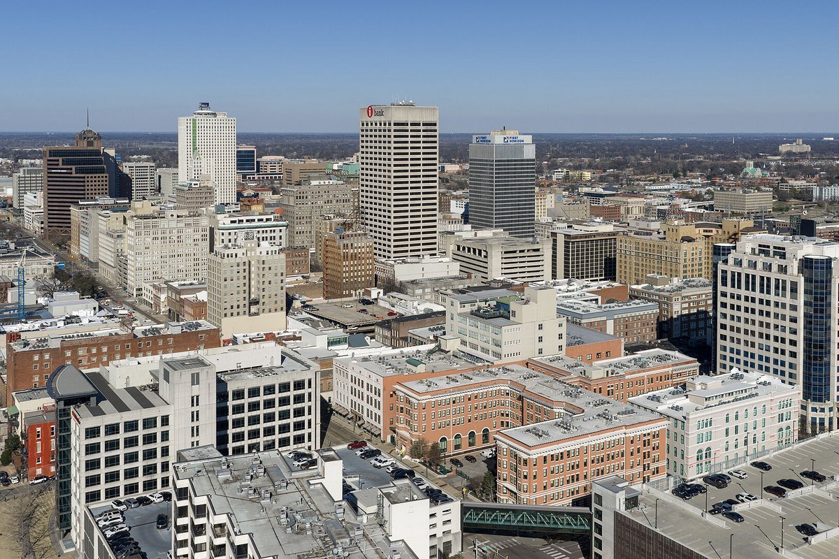 Aerial view of downtown Memphis, Tennessee office towers under a clear sky.