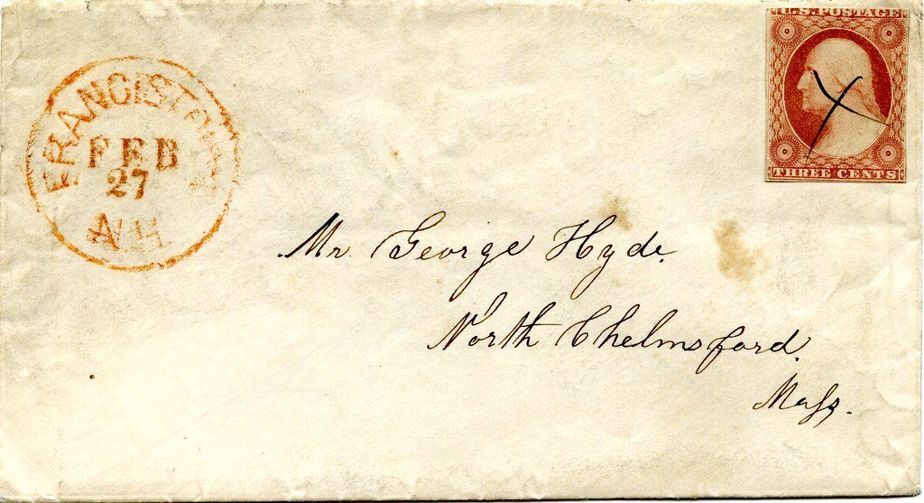 An 1850s envelope addressed in ink to North Chelmsford, Massachusetts, with a circular Francestown, New Hampshire postmark and a three-cent stamp