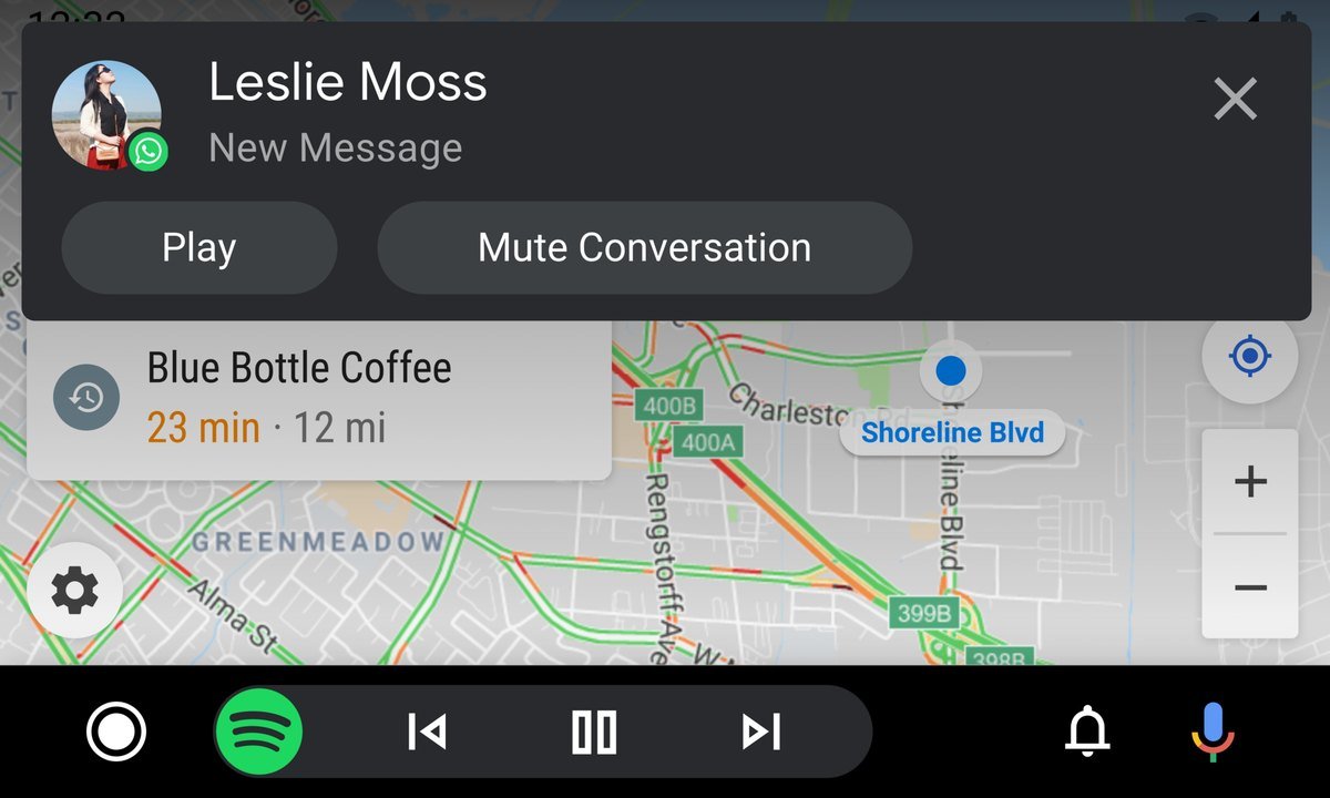 Android Auto screen showing an incoming message with Play and Mute Conversation buttons