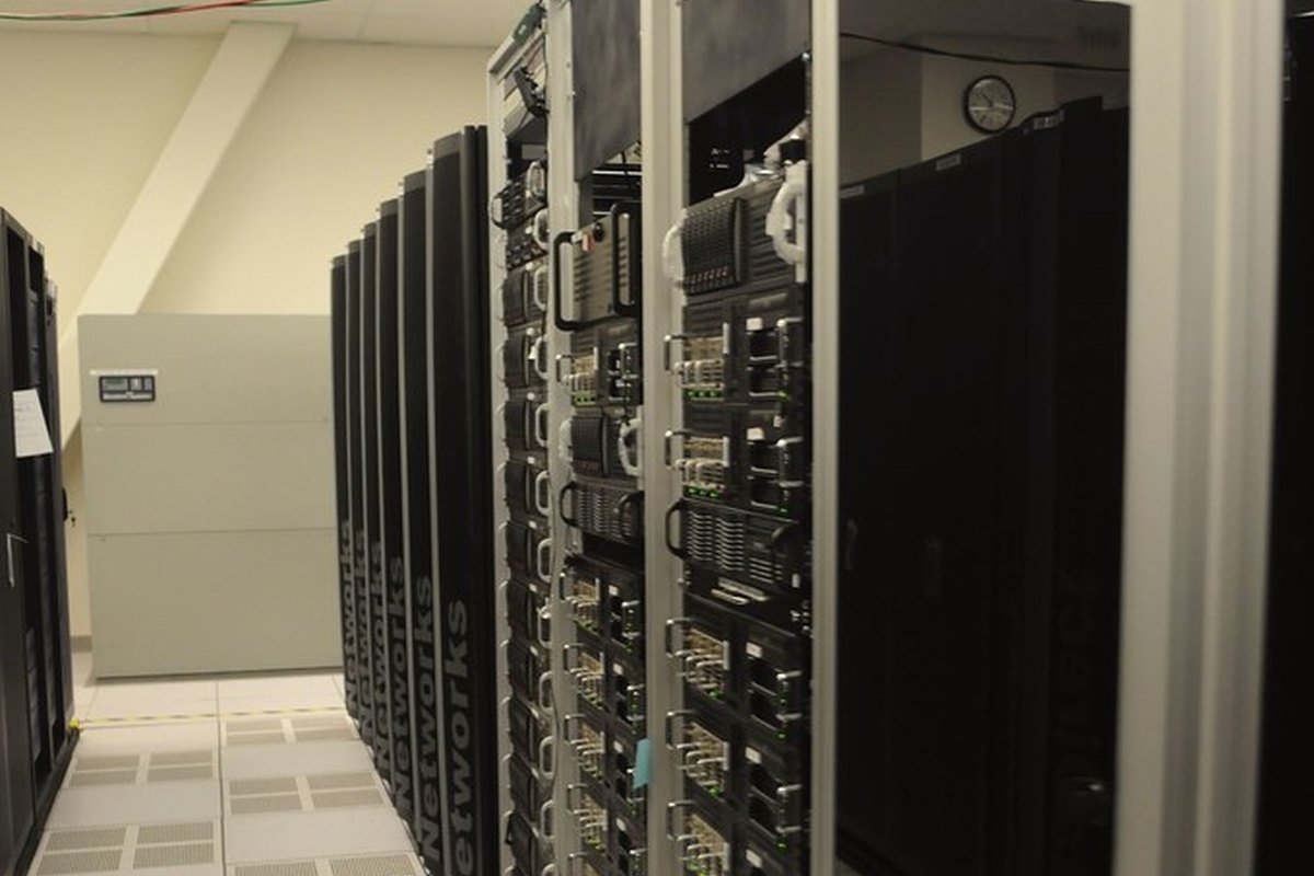 Rows of server racks in a research data center