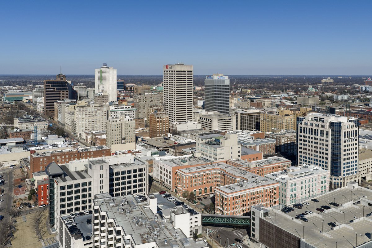 Aerial view of downtown Memphis, Tennessee on a clear day.