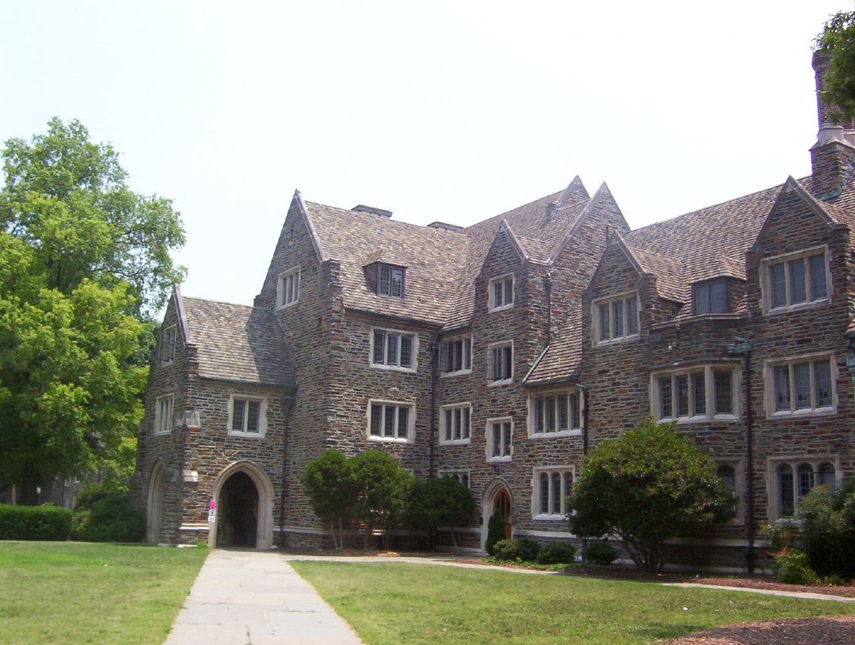 Stone collegiate gothic building on Duke University's West Campus in Durham, North Carolina