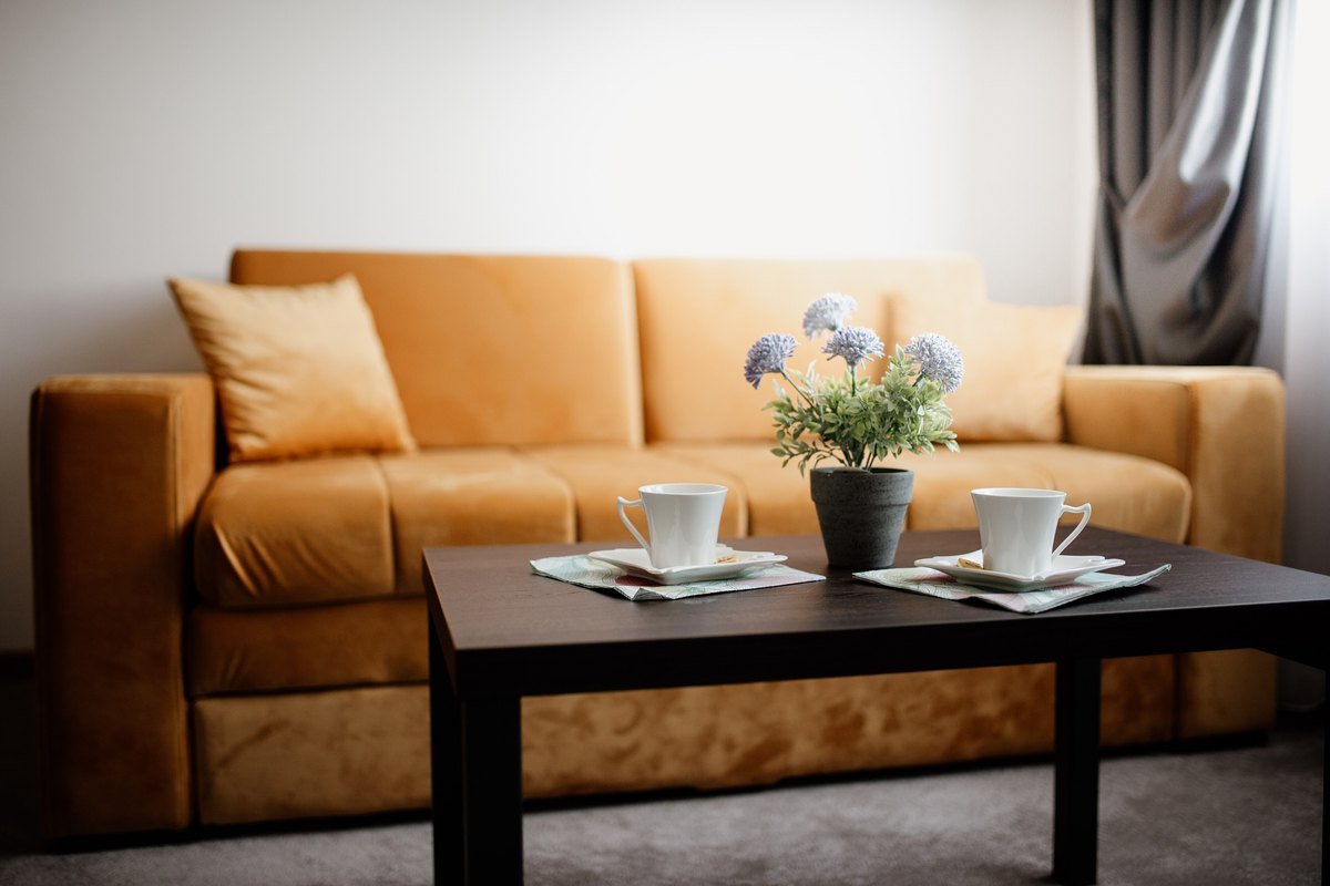 An orange sofa with a low dark coffee table in front of it holding two cups and a small potted flower.