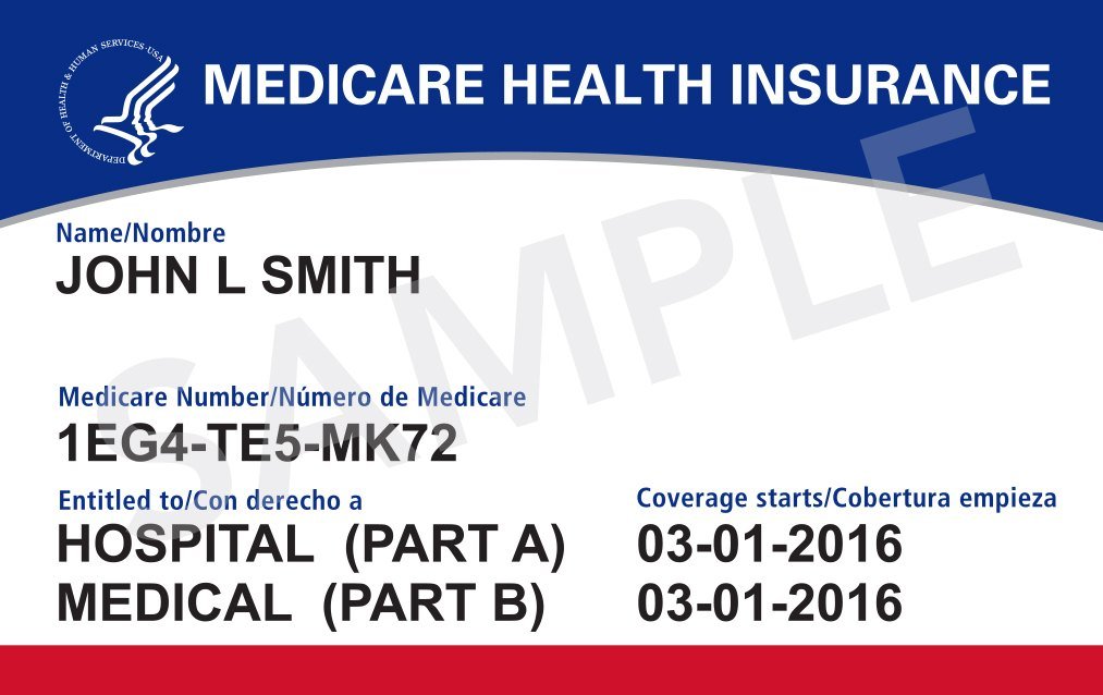 A sample Medicare card showing Hospital (Part A) and Medical (Part B) coverage.
