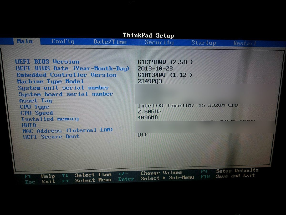 A ThinkPad firmware setup screen showing a 2013 BIOS date, 4096MB of memory, and UEFI Secure Boot set to Off.