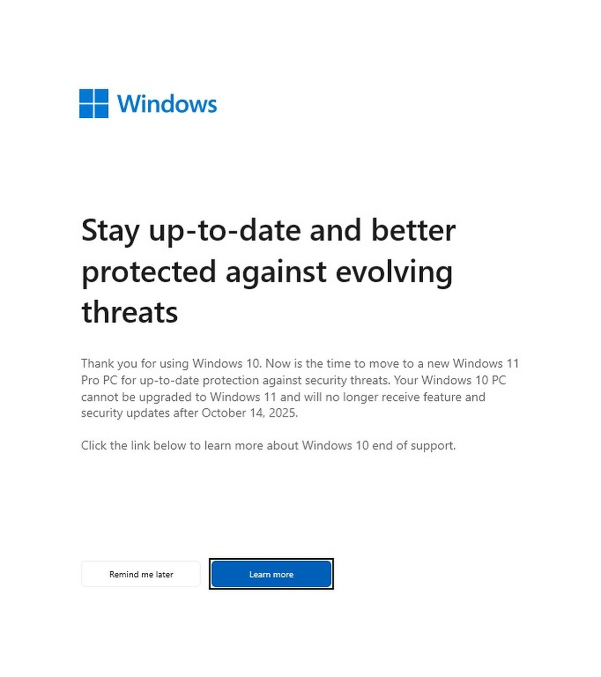 A full-screen Microsoft notice telling a Windows 10 user their PC cannot be upgraded to Windows 11.