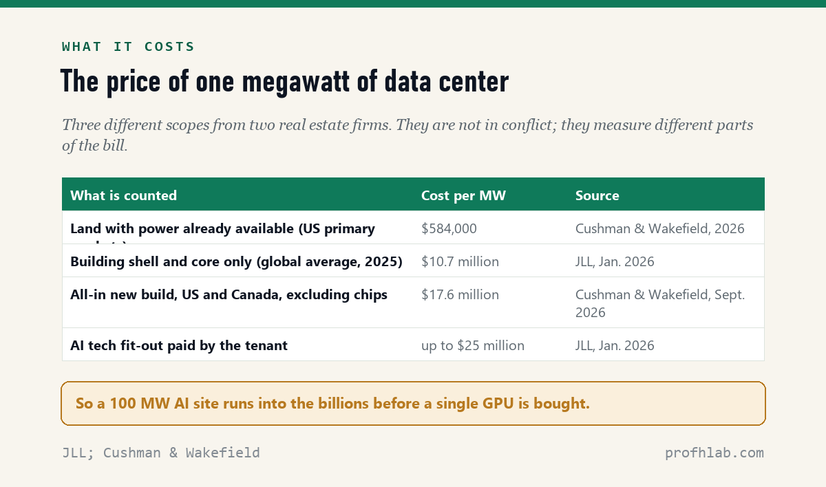 Table of data center cost per megawatt: powered land $584,000, building shell and core $10.7 million, all-in new build excluding chips $17.6 million, AI tech fit-out up to $25 million.