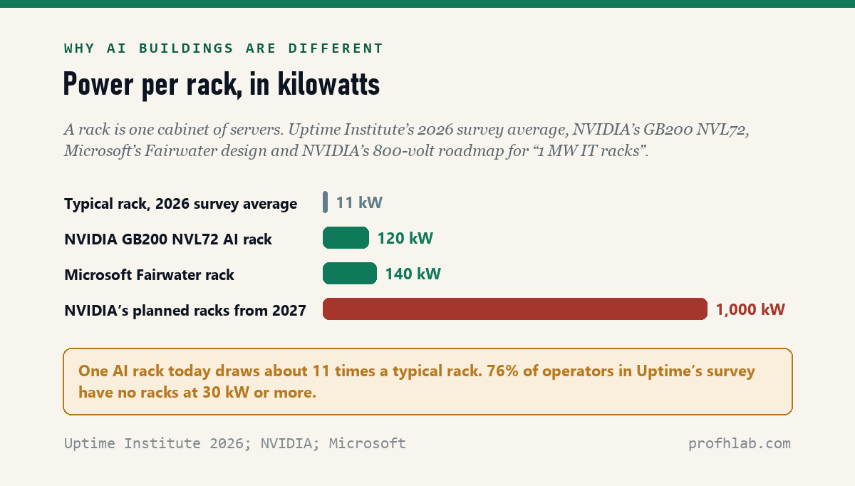 Bar chart of power per rack: typical rack in Uptime Institute's 2026 survey 11 kW, NVIDIA GB200 NVL72 AI rack 120 kW, Microsoft Fairwater rack 140 kW, NVIDIA's planned racks from 2027 1,000 kW.