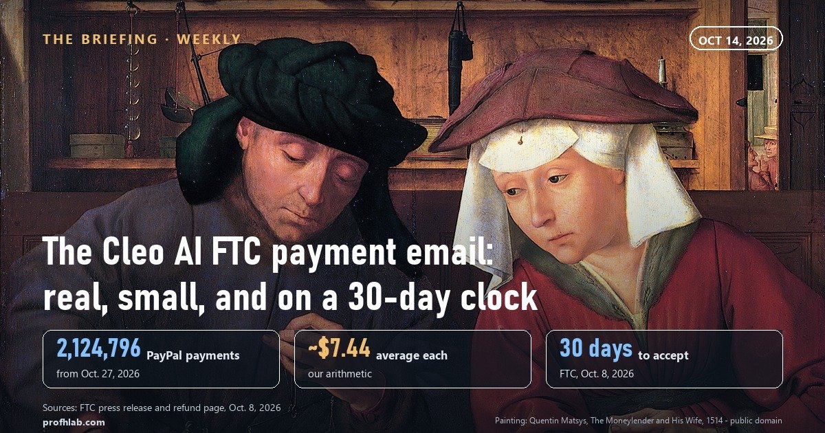 The Moneylender and His Wife, a 1514 painting by Quentin Matsys, with the headline about the Cleo AI FTC payment email