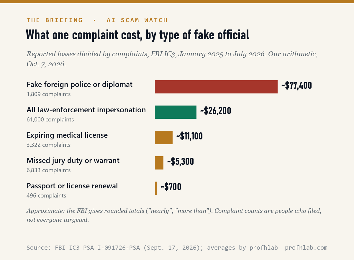 Bar chart of average reported loss per complaint by type of government impersonation scam