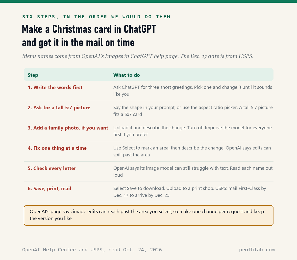 Table of 6 steps to make a Christmas card in ChatGPT, from writing the greeting to mailing it by December 17