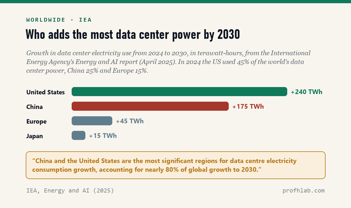 Bar chart of data center electricity growth from 2024 to 2030 by region, from the IEA: United States plus 240 TWh, China plus 175 TWh, Europe plus 45 TWh, Japan plus 15 TWh.
