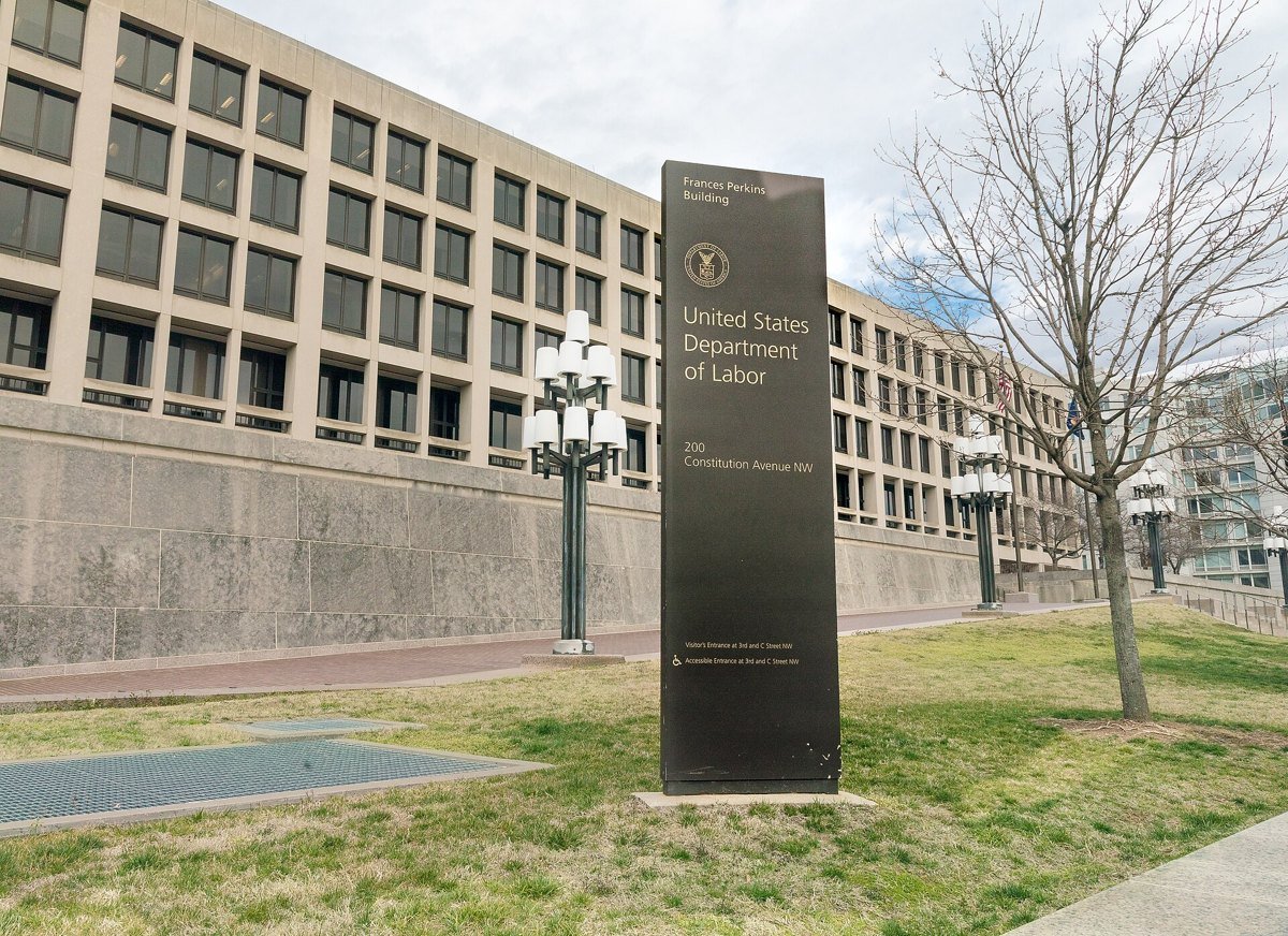 Sign outside the Frances Perkins Building, headquarters of the United States Department of Labor, at 200 Constitution Avenue NW in Washington, D.C.