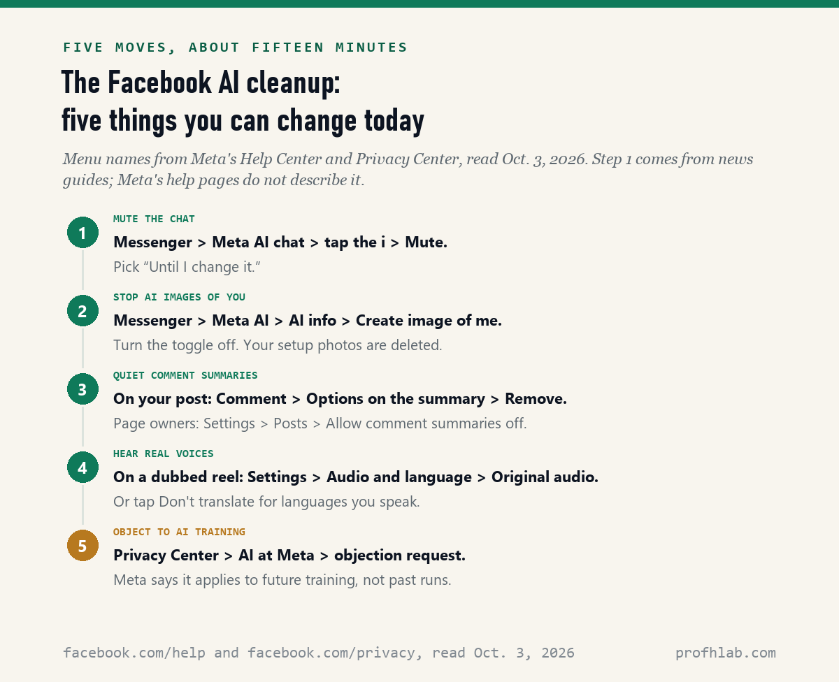 Five steps: mute the Meta AI chat, turn off AI images of you, remove comment summaries, switch reels to original audio, and object to AI training