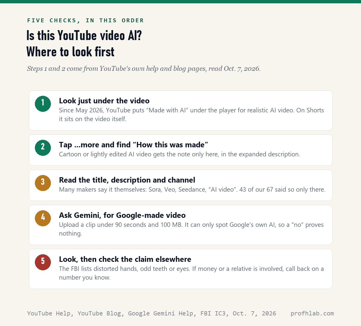 Five numbered checks: look under the video, open How this was made, read the title and channel, ask Gemini about Google-made video, check the claim elsewhere