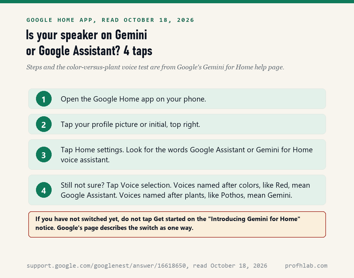 Four numbered steps in the Google Home app to check whether a speaker uses Gemini or Google Assistant, including the color versus plant voice name test