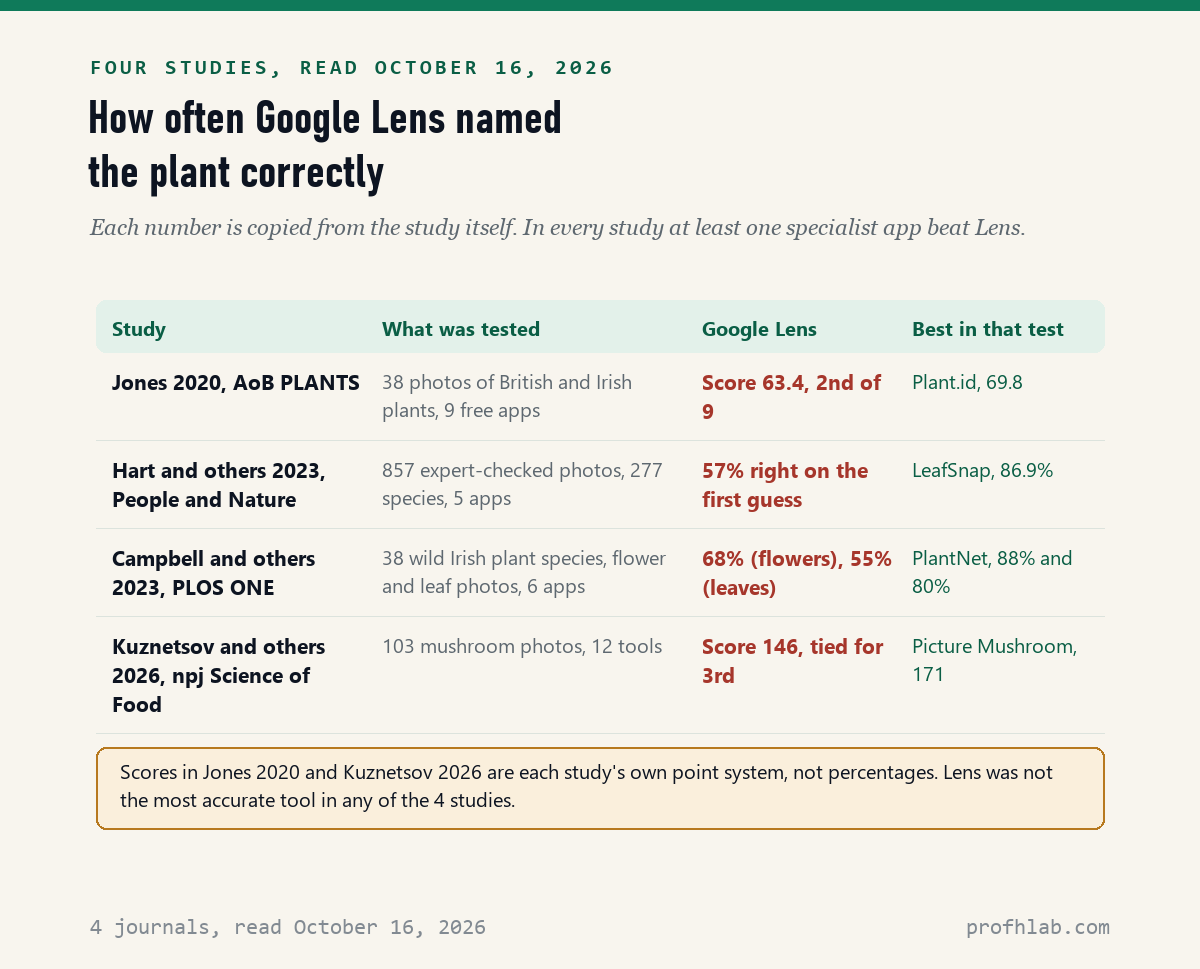 Table of four studies of Google Lens accuracy: Jones 2020 score 63.4, Hart 2023 57 percent first guess, Campbell 2023 68 percent flowers and 55 percent leaves, Kuznetsov 2026 mushroom score 146