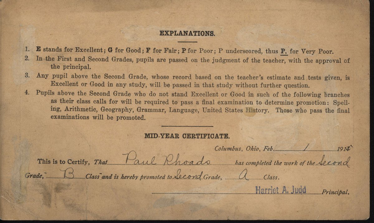 Back of a 1914-15 Columbus Public Schools grade card explaining the letter marks E, G, F, P and VP and a mid-year promotion certificate