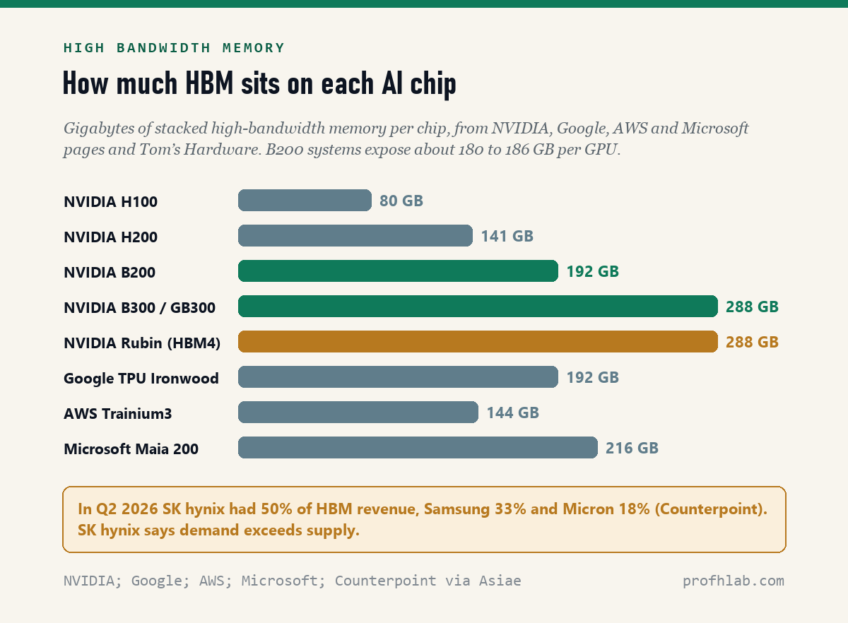 Bar chart of high-bandwidth memory per AI chip: NVIDIA H100 80 GB, H200 141 GB, B200 192 GB, B300 and GB300 288 GB, Rubin 288 GB of HBM4, Google TPU Ironwood 192 GB, AWS Trainium3 144 GB, Microsoft Maia 200 216 GB.