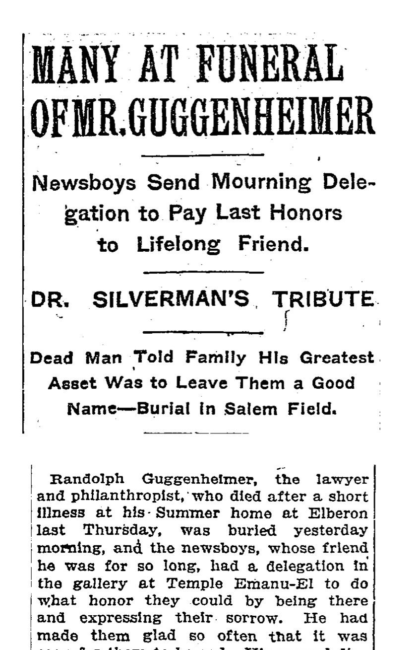 Top of a 1907 New York Times column headlined Many at Funeral of Mr. Guggenheimer, with subheads about newsboys sending a mourning delegation and his wish to leave his family a good name