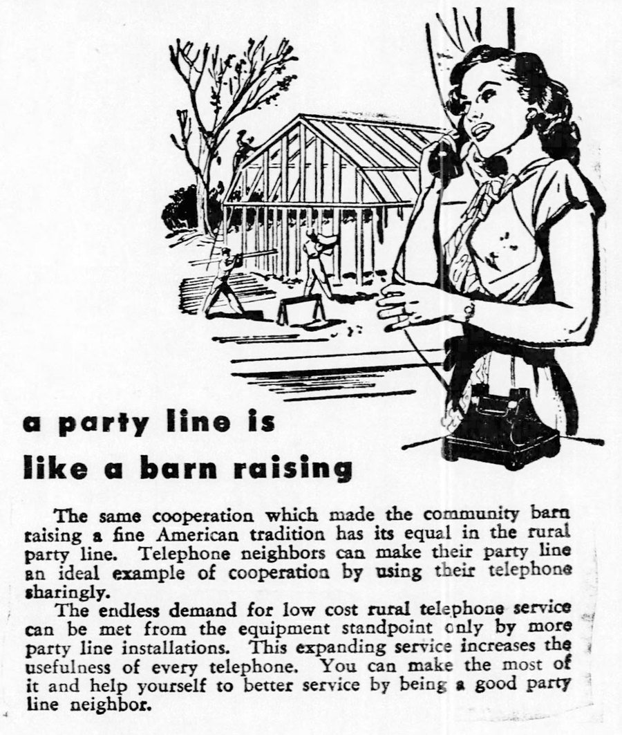 A 1948 newspaper advertisement showing a woman on a shared party line telephone, with text about being a good party line neighbor