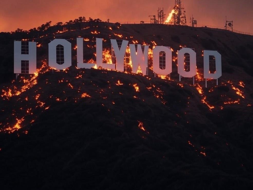 An AI-generated image of the Hollywood sign with flames on the hillside around it