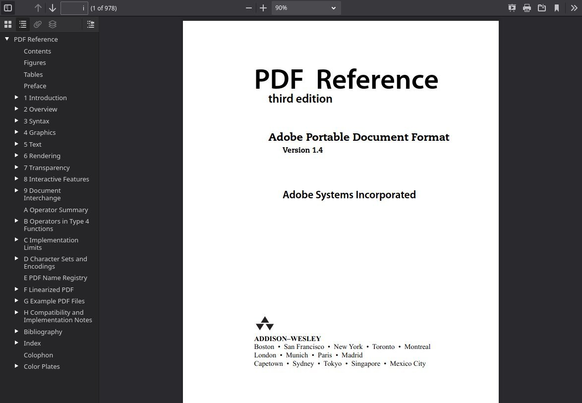 The built-in PDF viewer in Firefox showing the cover page of a PDF reference manual with a table of contents on the left