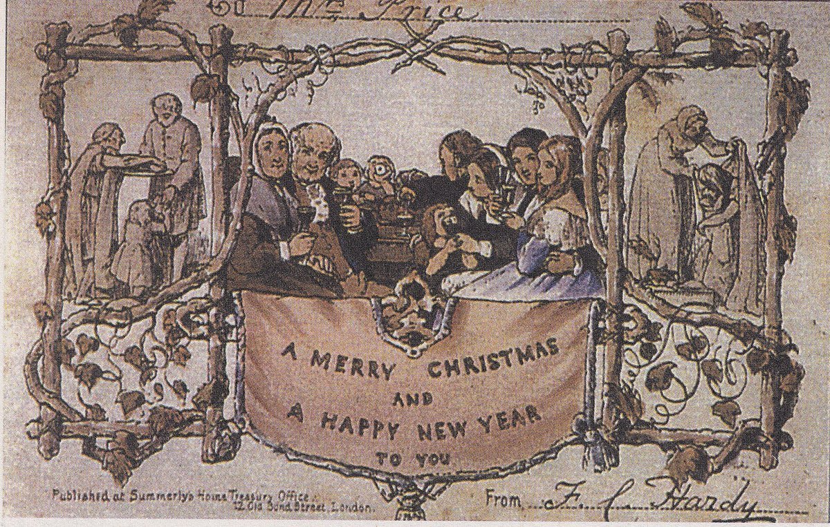The 1843 Christmas card by John Callcott Horsley, showing a family raising glasses above the words A Merry Christmas and a Happy New Year to you