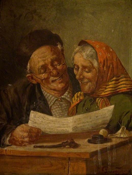 Painting of an elderly man and woman leaning in close to read the same newspaper at a table