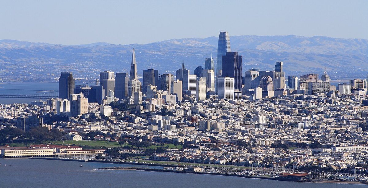 San Francisco Financial District skyline seen across the bay from the Marin Headlands on a clear day.