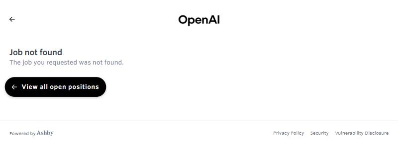 Screenshot of an OpenAI careers page on Ashby showing the heading Job not found, the line The job you requested was not found, and a black button that says View all open positions.