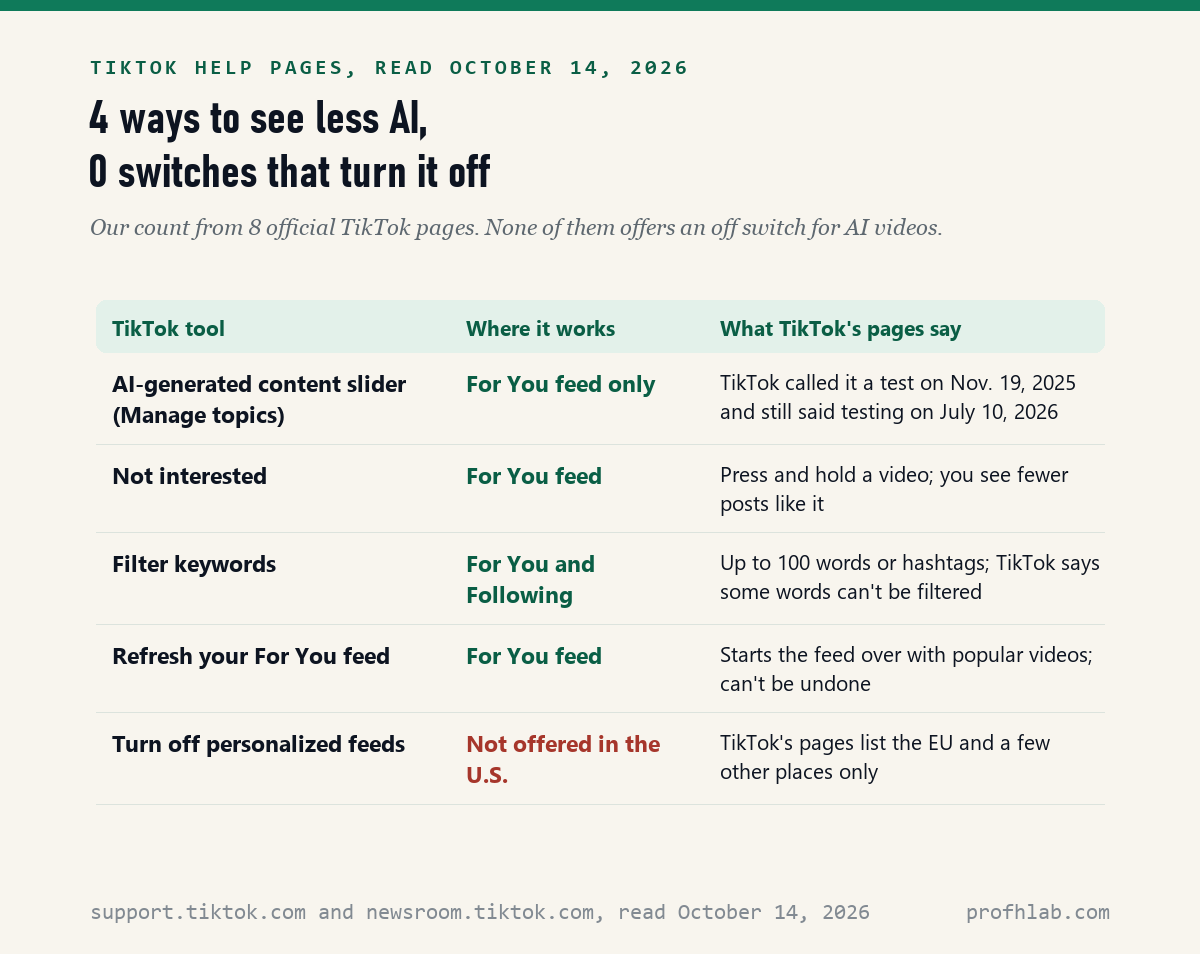 Table of TikTok tools: the AI-generated content slider in Manage topics, Not interested, Filter keywords and Refresh your For You feed all work in the For You feed; turning off personalized feeds is not offered in the U.S.