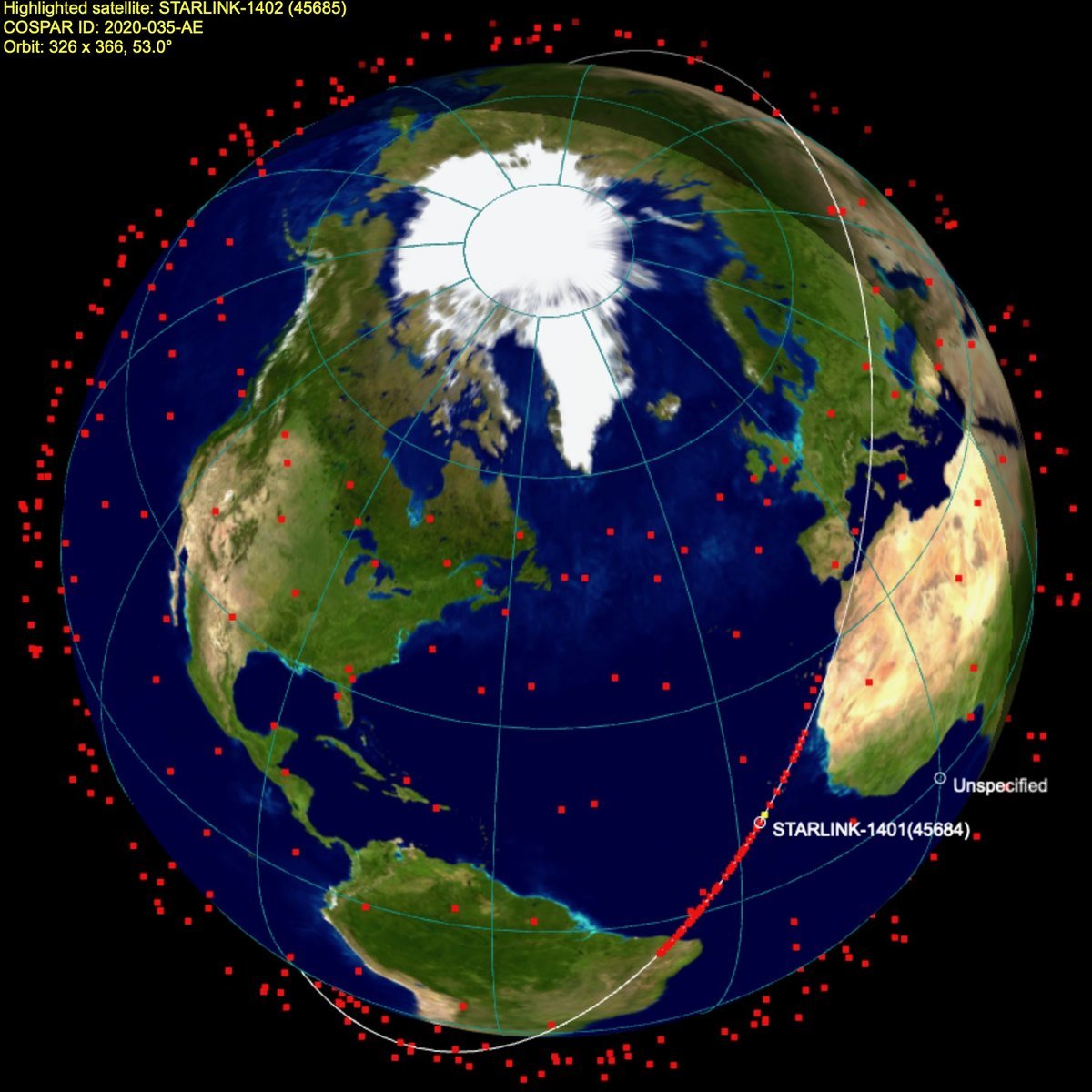 A computer visualization of the Earth from above the North Pole with hundreds of red dots marking Starlink satellites in orbit and one satellite's path highlighted.