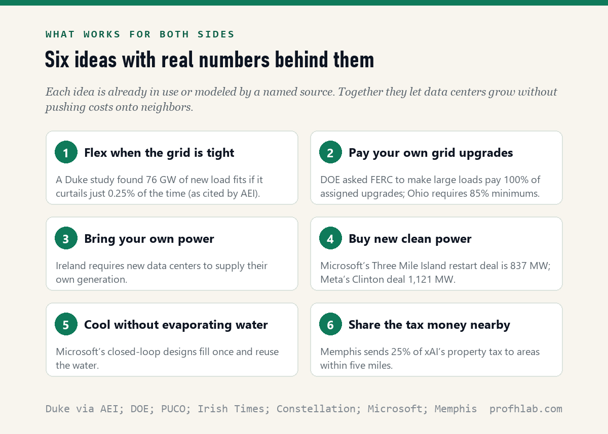 Six cards of win-win ideas: flex when the grid is tight, pay your own grid upgrades, bring your own power, buy new clean power such as nuclear restarts, cool without evaporating water, and share tax money with nearby neighborhoods, each with a sourced figure.