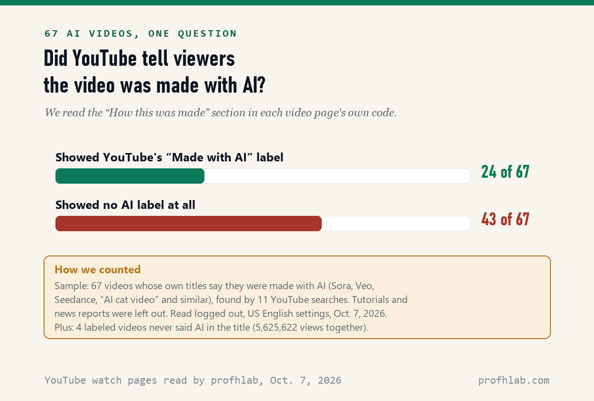 Bar chart: 24 of 67 AI videos showed the Made with AI label, 43 of 67 showed no AI label